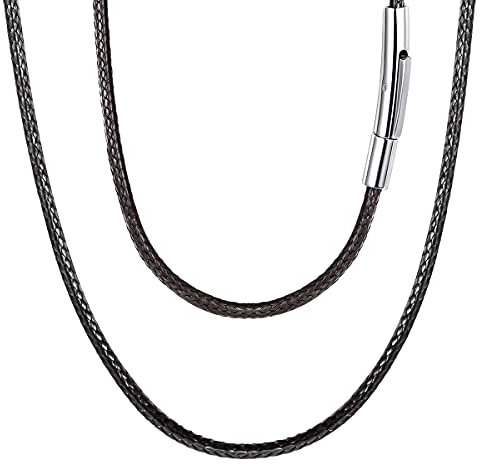 FOCALOOK 40CM Halskette personalisiert Kunstleder Collier Wachsschnur Kette 2mm breit Schwarz Geflochten Lederkette Name Gravur Lederband mit Edelstahl Verschluss für Männer Frauen Jungen Mädchen