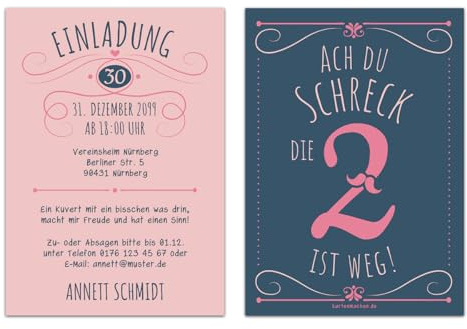 Kartenmachen.de Individuelle 30. Geburtstag Einladungskarten DIN A6 (148x105mm) - Ach du Schreck, die 2 ist weg - ab 10 Stück Sets