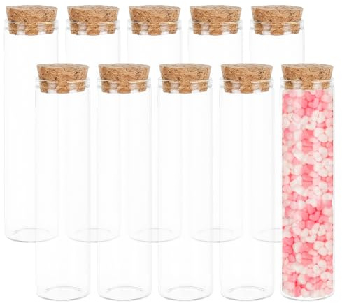 BENECREAT 10 tubos de ensayo de cristal de 60 ml con tapón de corcho, transparentes y planos, para laboratorio, regalo para invitados, dulces, especias, perlas