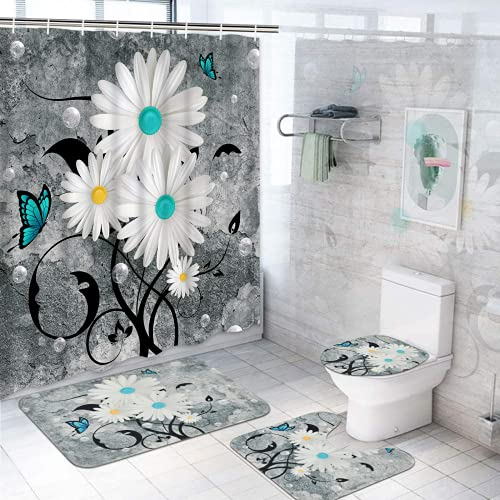4Pcs Rose Duschvorhang Set mit rutschfesten Teppichen Toilettendeckel und Badematte Valentinstag Blumen Bad Vorhang Wasserdichter Polyester Duschvorhang für Badewanne mit 12 Haken 72x72in (A11)