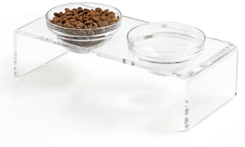 Feoyoho Elevated Acrylic Pet Bowl Stand – Raised Cat & Dog Bowls with 2 Glass & 2 Stainless Steel Bowls, Modern Clear Design, Non-Slip, Easy to Clean, Perfect for Small Pets, 3.75 Tall