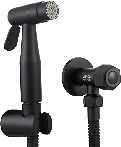 Tecmolog Bidet Handbrause Set Edelstahl 2 Strahlarten Duschkopf mit Schlauch und Halterung, Schwarz, WS024ACF3