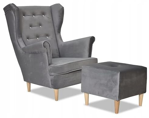 Family Meble Ohrensessel mit Hocker, Modell Diana, Skandinavisch, Relaxsessel aus Webstoff, Loungesessel, Ohrensessel mit Hocker, Bequemer Sessel, Für Wohnzimmer, Esszimmer, Schlafzimmer, Grau 1