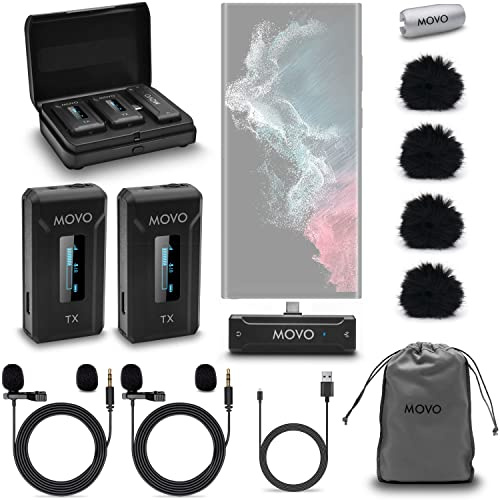 Movo WMX-2-C-DUO Dual Wireless Lavalier Microphones for Android with Charging Case, Onboard Mics, Clip-on Lapel Mics, 7HR Battery, 100m Range, Adjustable Gain - USB-C Microphones for Video Recording