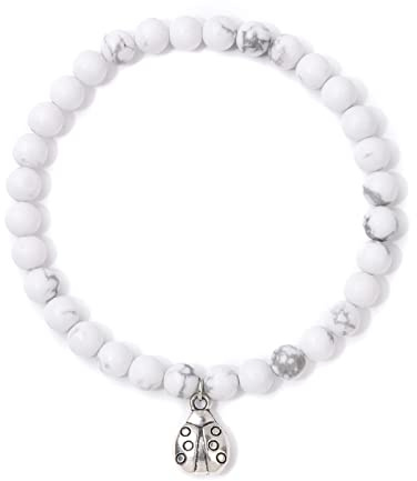 Silverfärg nyckelpiga armband för kvinnor män 6 mm pärlor agat kristall härligt damarmband lava insekt smycken, vit howlit, 21 cm