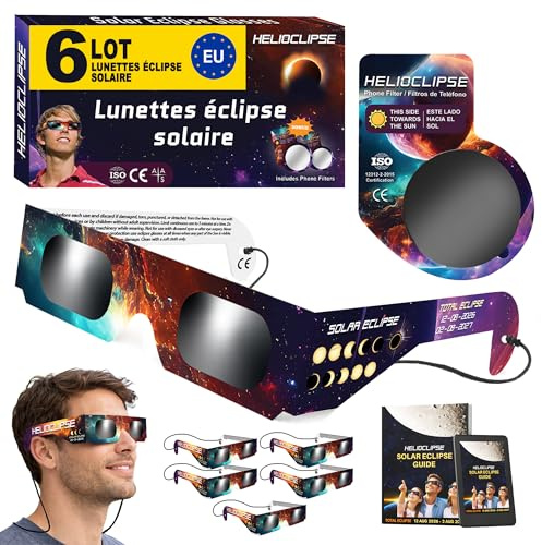 Helioclipse 6x Occhiali Eclissi Solare ISO 12312-2 2026 - Visori Astronomici Certificati per Osservazione Sole - Occhiali Protettivi dedicati Evento Celeste - 1x Filtro Solare Telefono