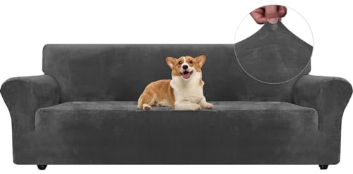 Ystyle Elastischer Samt Sofabezug 4 Sitzer, Grau | Stretch Sofa Überzug, Sofaschoner Rutschfest, Couch Überzug, Sofa Cover mit Armlehnen, Sesselschoner Sofaschutz Katze