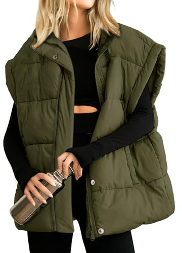 Songling Womens Oversized Puffer Vest Stand Collar Full Zip Sleeveless Bubble Puffer Vest Quilted Padded Warm Coat Outwear, Army-green, L