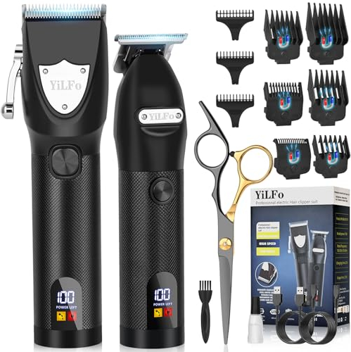 YiLFo Maquina Cortar Pelo Profesional, Cortapelos Hombre Precisi con LED, Maquina de Afeitar Hombre USB Recargable, 2 Piezas Maquinilla Pelo Barba Kit, Multi Accesorios Cortadora de Pelo Regalo Hombre
