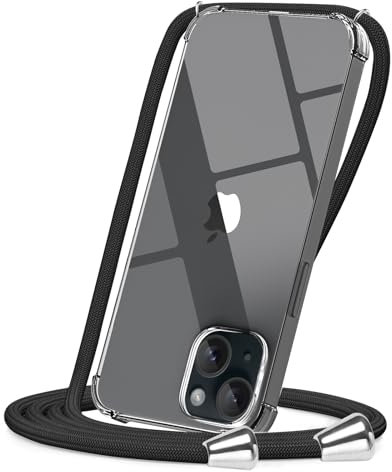 CAROKI Crossbody Case for iPhone 15 6.1,Necklace Mobile Phone Cover with Cord Strap Clear Transparent TPU Soft iPhone 15 Cover Holder with Neck Cord Lanyard Strap-Black