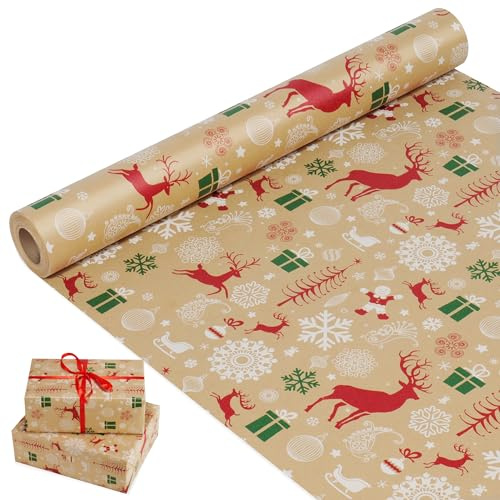44cm x 15M Christmas Paper Wrapping Roll, Recyclable Kraft Paper Printed with Christmas Pattern for Christmas Party Gift Wrap (Elk & Snowflake)