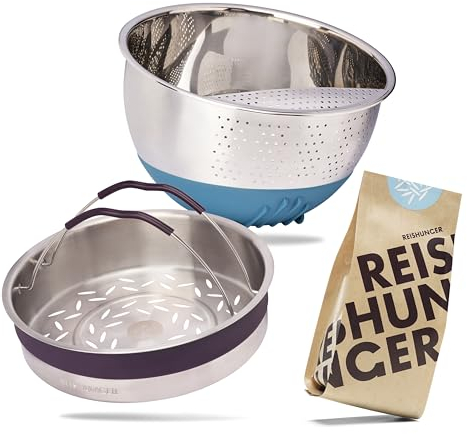 REISHUNGER Premium Upgrade Set für den Digitalen Reiskocher (1.5 l) - Edelstahl Reis Waschschüssel petrol, Edelstahl Dämpfeinsatz & Reisset (8x200 g)