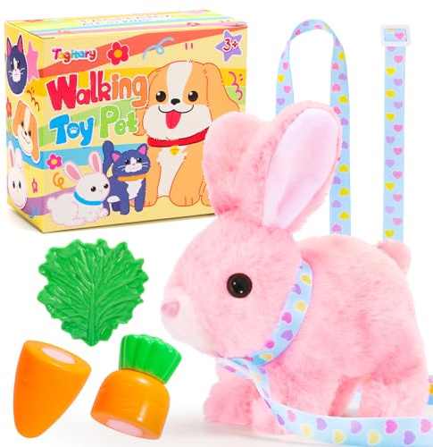 Tagitary Easter Plush Bunny Toys for Kids with Sounds,Can Walk,Wiggle Ears,Twitch Mouth and Nose,Hopping Interactive Electronic Rabbit Toys with Leash,Easter Birthday Gift for Toddlers Kids