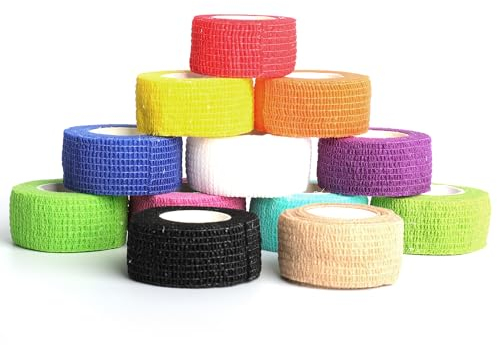 12 Rouleaux Ruban Cohésif pour Doigt,Bandages Cohésifs Auto-adhésifs de Couleurs Assorties,Bandage de Compression de 2,5 cm x 4,5 m, Utilisations Incluent le Bandage Vétérinaire