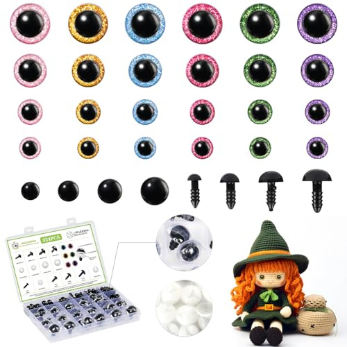 MUCUNNIA 324PCS 6-24mm Sicherheitsaugen für Häkeltiere mit Unterlegscheiben | Glitzer Sicherheitsaugen für Plüschtiere Marionette Plüschtier Teddyaugen Einfaches und Sicheres Anbringen Robuste