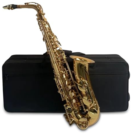 HUIOP Saxofón,Saxofón Alto dorado Eb,cuerpo de latón,teclas de concha blanca,instrumento de viento de madera con estuche de transporte,guantes,paño de limpieza,cepillo,cuello de saxo,saxofón de latón