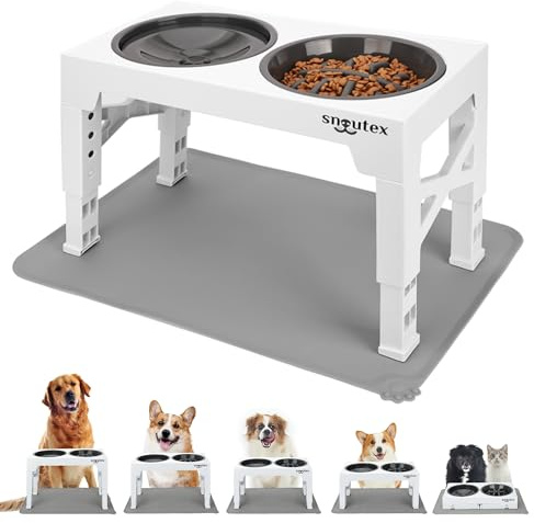 SNOUTEX Comedero Elevado y Dispensador de Agua Antigoteo para Perros y Gatos, 5 Alturas Ajustables, Alfombra Antideslizante