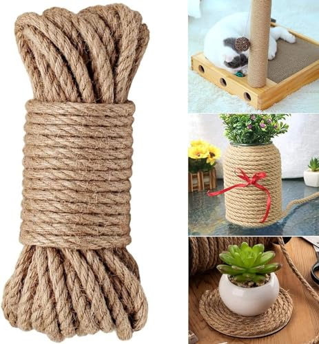 Corde Jute Corde Chanvre, 10mm Décoration Corde De Jute Solide et Souple Corde, Résistante Corde en Jute pour Le Bricolage, Décoration de Meubles, l'emballage, Jardinage, Arbre à Chat (20M)