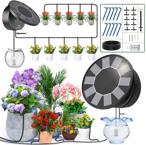 TRJZWA Kit di Irrigazione Automatica Solare per Vaso, Sistema di Irrigazione Automatico da Giardino, Sistema di Irrigazione Solare a Goccia con 9 Programmi di Irrigazione e 10m di Tubo di Irrigazione