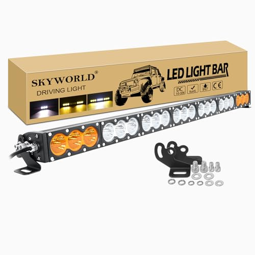 SKYWORLD Barra Luminosa Fuoristrada Led 38 Pollici 96 cm 210W, Bianco Ambra | Singola Fila Barra Luce Led 12V 24V Impermeabile per 4x4 Auto Offroad Camion SUV ATV Trattore Veicoli, Faretti Fendinebbia