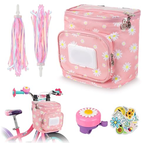Udbrud Fahrradkorb Kinder, Fahrradkorb Vorne für Mädchen und Kinder, Lenkertasche Kinder mit Glocke, Aufklebern, Lenk Fransen Bändchen Abnehmbarer Fahrradkorb vorne Tasche Laufrad Lenkertasche