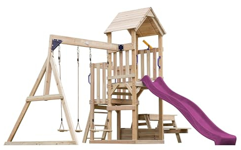 AXI Mette Casetta in Legno Bimbi 2 Altalene, Tavolo da Picnic, Scivolo Viola | Area Giochi All'Aperto con Altalene/Sabbiera/Scivolo Telescopico | Casa da Gioco all'Aperto in Legno su Palafitte