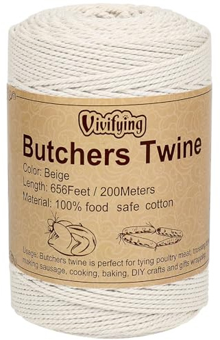 Vivifying Butchers String, 656 Feet/200M 3ply Cotton Butchers Twine, 2MM Food Safe Cooking String for Tying Meat, Kitchen Twine for Making Sausage and Trussing Poultry (White)