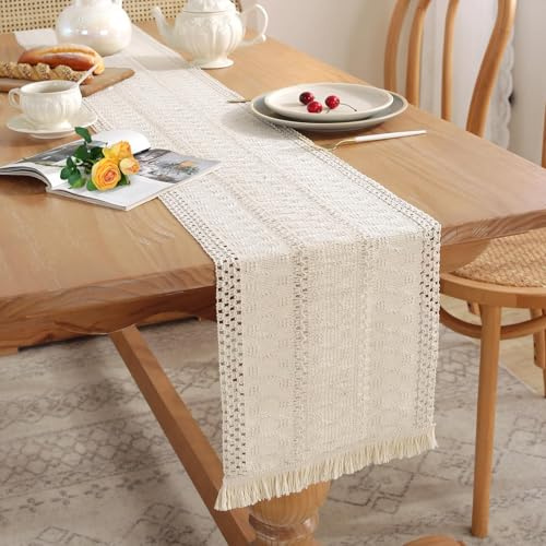Figarge Makramee Tischläufer Weiß Mit Quasten 180x30 cm, Häkelspitze Boho für Deko, Hochzeit Party, Esstisch Dekor - Abwaschbar (Ganz Weiß)