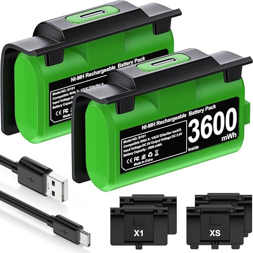 2x3600 mWh Batteria per Controller Xbox, Accessori per Controller Xbox Series X, Ricaricabile Batteria per Xbox Controller, Compatibile con Xbox Series X/S, Xbox One S/X/Elite Controller