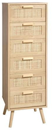 Finnhomy Rattan Dresser for Bedroom, Tall Dresser with 6 Hand Made Rattan Decorated Drawers, Small Chest of Drawers for Living Room, Closet, Hallway, Natural