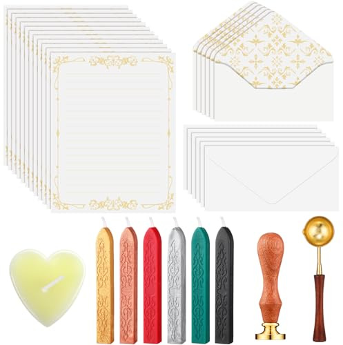 Affrolling 33 Pieces Vintage Paper and Envelopes Set with Wax Kit Including 12 Stationery Papers 12 Envelopes 6 Wax Sticks Candle Spoon and Stamp for DIY Romantic Gift Couples Letters