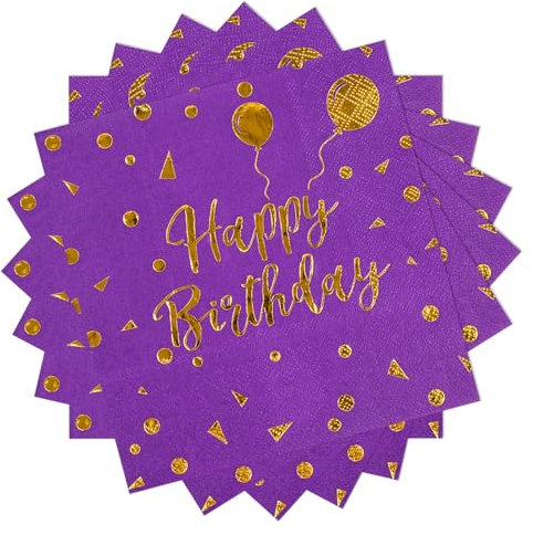 40 Stück Happy Birthday Lila und Gold Geburtstag Servietten，33x33cm Papier Party Servietten，für Junge Mädchen Geburtstag Party Deko