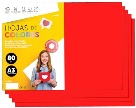 Buntes Papier A3 80g für Drucker & Basteln, Farbige Blätter für Kinder, Kreativprojekte, Karten & Schule M-office (50 Blatt, Rot)