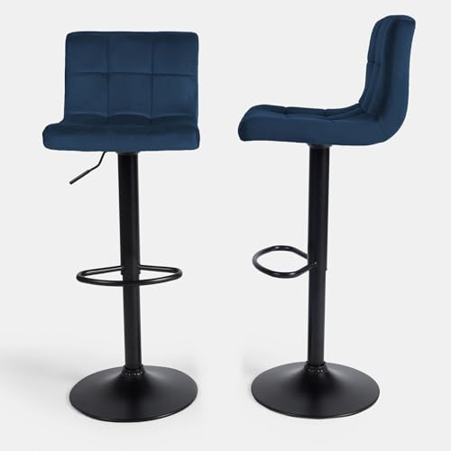 OHS Breakfast Blue Bar Stools Set of 2 Adjustable Height Velvet Bar Stools, Soft Comfy Swivel With Footrest Metal Frame For Kitchen Counter - Navy