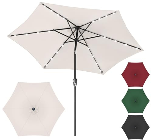 Tubiaz Solar LED Sonnenschirm 270 cm Beige, neigbarer Gartenschirm mit Handkurbel, 24 LEDs, UV50+, 100% Polyester, 38 mm Mast, 6 Stahlstreben, wasserabweisend, ohne Ständer