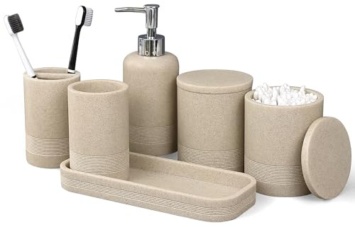 LIN CHUAN 6-Piece Bathroom Accessories Set, Bathroom Accessory Set with Soap Dispenser, Toothbrush Holder Set, Vanity Tray, Tumbler & 2 Cotton Swab Jars, Modern Stylish Bathroom Organizer(Beige)
