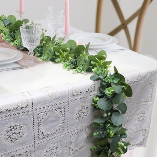 Artificial Eucalyptus Garland, 5.9FT Long Fake Mixed Leaves Vine, Faux Spring Greenery Garland for Farmhouse Table Home Wedding Party Decor Set of 1(Green)