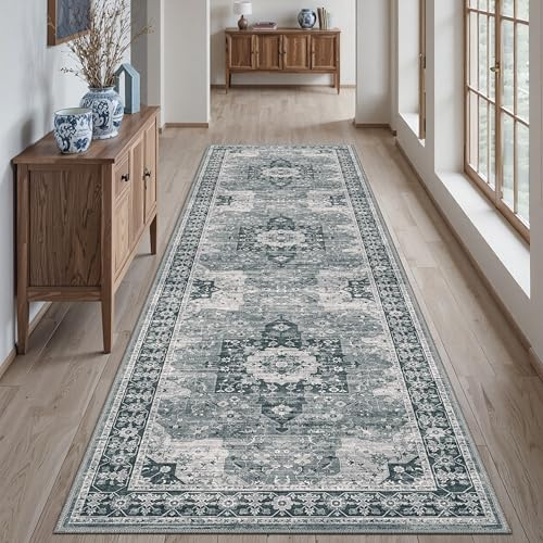 DEXI Hallway Runner Rug Non Slip Washable, Soft Vintage Design, Low Profile Carpet Runners for Kitchen, Entryway & Bedroom, 61 x 183 cm, Blue