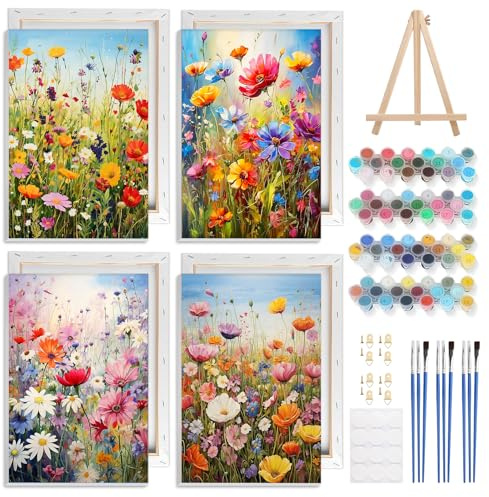 NAIMOER 4 Pack Framed Paint by Numbers Wild Flower for Adults Kids, DIY Easy Landscape Painting by Numbers with Frame Wooden Holder, Painting Art on Canvas Gifts Home Wall Decor 8x12in