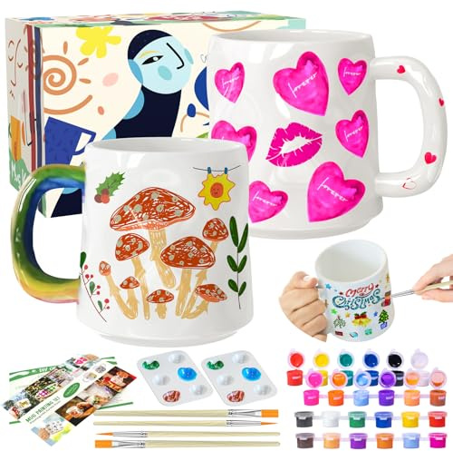 Crifeton Keramik Bemalen Set, Tassen Bemalen Set Enthält Tassen, Pinsel, Farben und Anleitung zum Malen, Töpferset für Zuhause, Bastelset Erwachsene