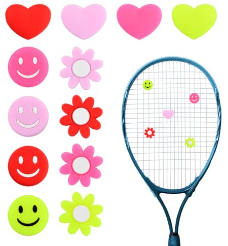 Luxvara 12 Pezzi Ammortizzatori da Racchetta in Silicone, Antivibrazione Tennis Racchetta Vibrazione Smorzatore, Ammortizzatore da Tennis Racchetta Shock Ammortizzante, Cuore Smiley Fiore, 4 Colori