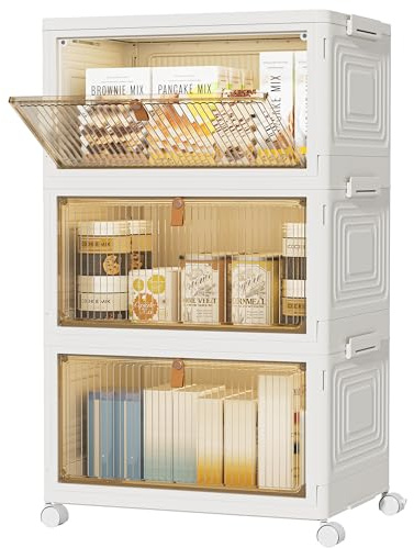 HOMIDEC Scatole Plastica con Coperchio e Ruote, Scatola Portaoggetti Pieghevole, Cassettiera Plastica, 22 L, 3 Unità, Adatto per Riporre Snack, Giocattoli, Libri, Vestiti, Bianco Neve