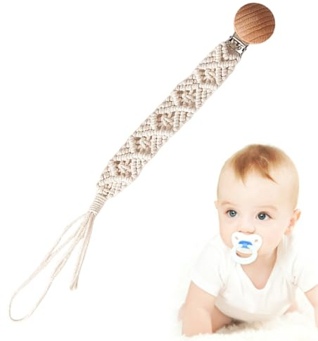 Clip per ciuccio, clip per ciuccio - Boho clip Paci fatti a mano - Porta in cotone flessibile, in legno intrecciate in corda di cotone Boho, per biberon