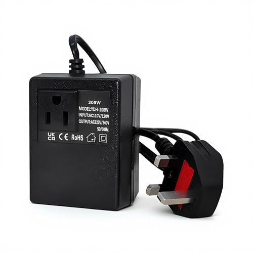US to UK Voltage Converter 200W: TVOOD Step Down Transformer 220V/240V to 110V/120V (UK Plug) Black Intelligent Efficient Temperature-Protected Adapter for Travel Hotel Household