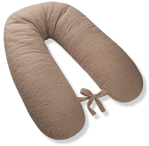 170cm Groß XXL Stillkissen Schwangerschaftskissen Lagerungskissen Seitenschläferkissen mit abnehmbarem Bezug ekmTRADE (83 - Bouclé Dunkelbeige, Kissen + Bezug)