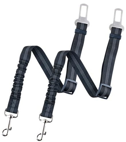 Janrie Dog Seat Belt, Adjustable Dog Seat Belt for Car - Retractable Vehicle Nylon Pet Safety Dog Car Harness, Metal Buckle with Elastic Bungee Buffer,Heavy Duty Seat Belt (1 Pack Black)
