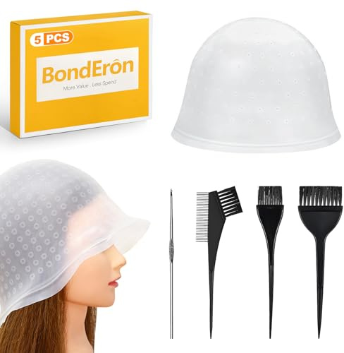 BondEron Set med 5 slingor med nål och borste för höjdpunkter – professionell silikonhuva för hårfärgning, återanvändbar – frisörtillbehör för kvinnor och män