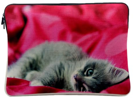 Housse Ordinateur et Tablette Aspect Lin - Chaton Gris Mignon Drap Rouge - 12-13 Pouces Pochette de Protection PC Portable Imprimé en France