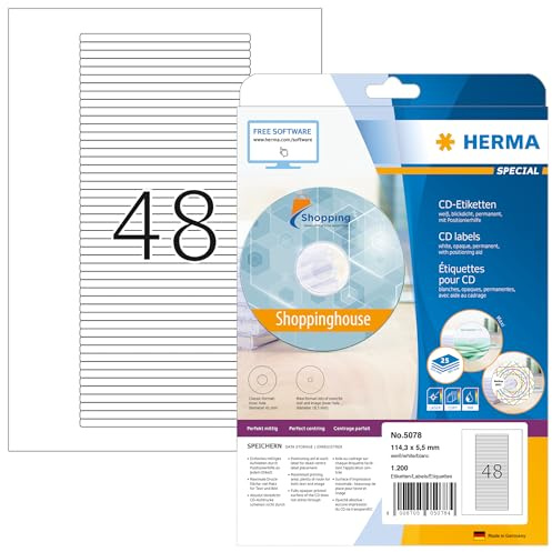 HERMA 5078 CD DVD Etiketten für Jewel Case Hüllen Rücken, 25 Blatt, 114,3 x 5,5 mm, 48 pro A4 Bogen, 1200 Stück, bedruckbar, matt, blanko Papier CD-Box Klebeetiketten, weiß