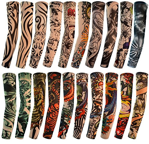 HOVEOX 20pcs Temporary Tattoo Arm Sleeves Arts Fake Slip on Arm Sunscreen Sleeves Body Art Stockings Protector -Designs Tribal, Tiger, Dragon, Skull, and Etc Unisex Stretchable Cosplay Accessories